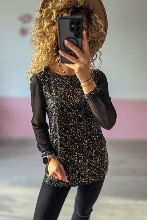 Czarna bluzka z cekinami i tiulowymi rękawami 2