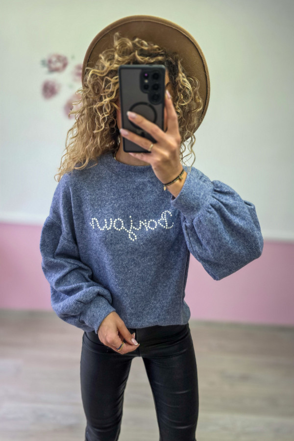 Niebieska bluza z napisem Bonjour