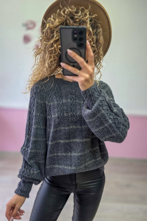 Sweter z szerokim rękawem – grafitowy