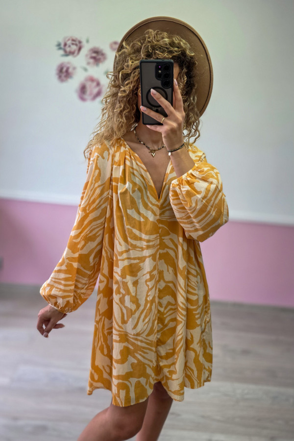 Sukienka boho – żółto-biała - bawełniana 4