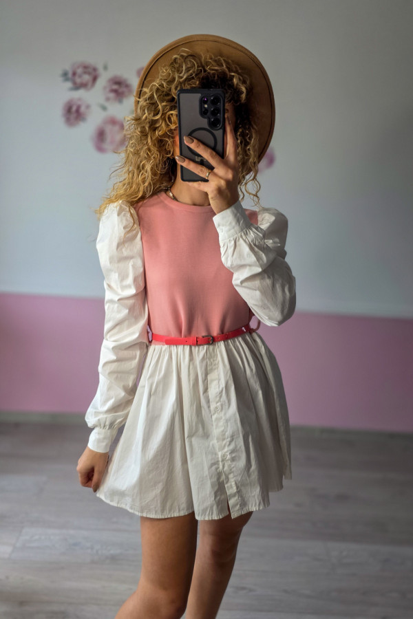 Sukienka dwukolorowa różowo-biała z paskiem 1