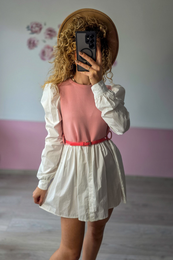 Sukienka dwukolorowa różowo-biała z paskiem