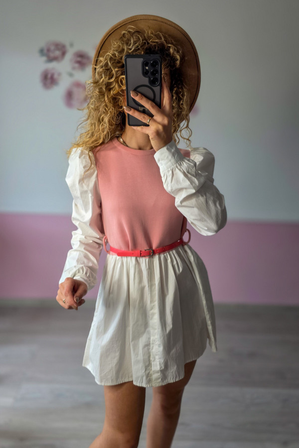 Sukienka dwukolorowa różowo-biała z paskiem 2