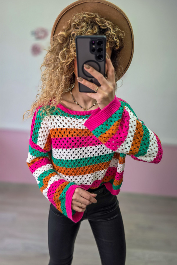 Kolorowy ażurowy sweter w paski – 100% bawełna 1